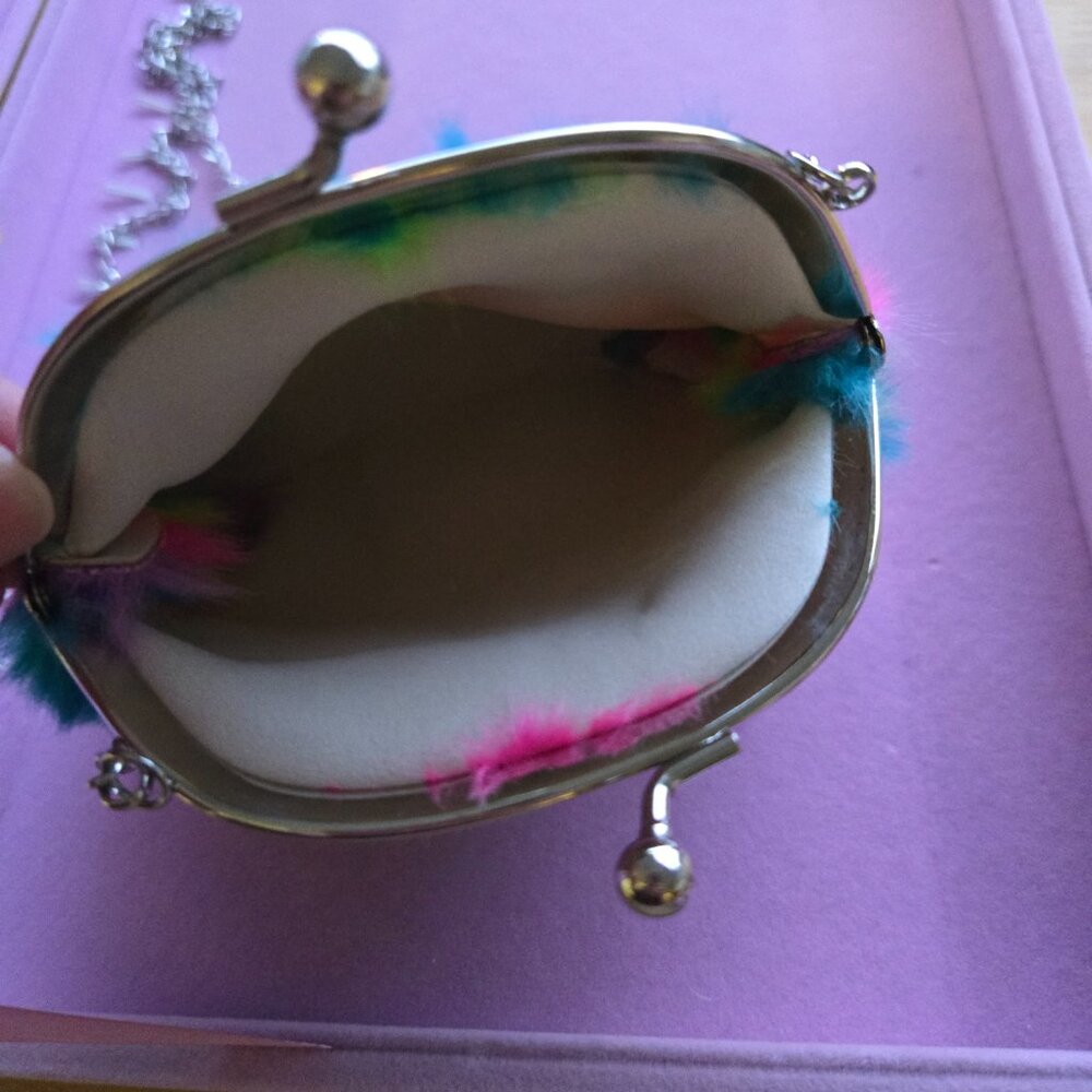 Plushie Rainbow Ombre Coin Purse Necklace Decora Faux Fur Kawaii Kitch Colorful - Picture 6 of 6
